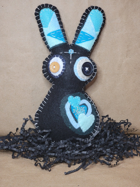 Blue Berry stained glass Bo Ho Bunny In Basket with 3 felt eggs, Blue Ribbon Wrapped Gift Basket - One of a Kind