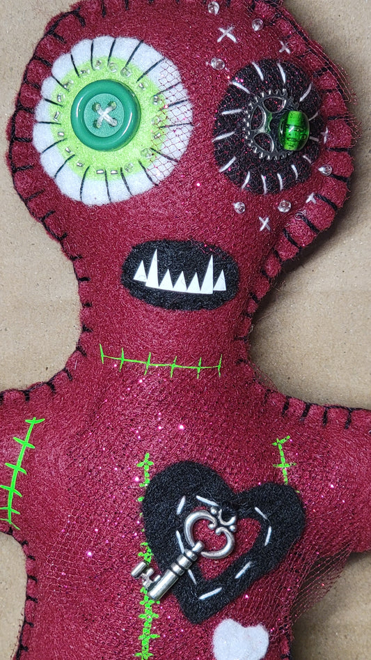 OOAK Maroon Button-Eyed Stitchling Handmade Felt Art Doll – Ready to Ship