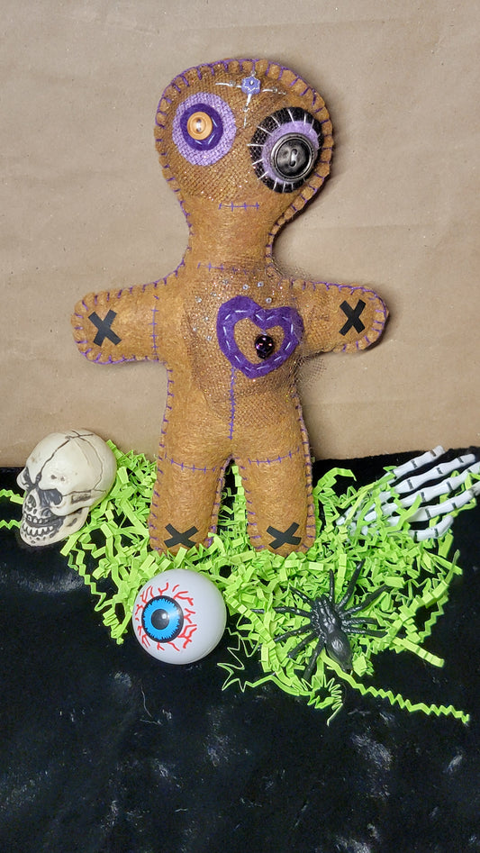 Ooak Brown and Purple Button-Eyed Stitchling Handmade Felt Art Doll – Ready to Ship