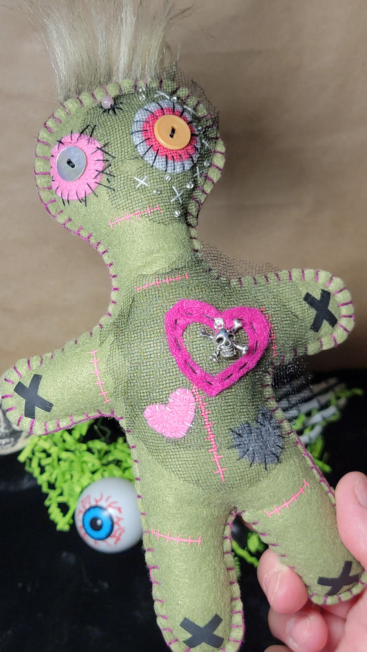 OOAK Olive Green and Pink Button-Eyed Stitchling Handmade Felt Art Doll – Ready to Ship