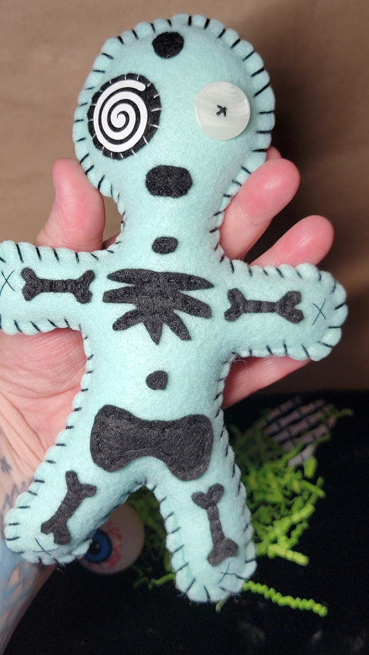 OOAK mint green & Black Button-Eyed Stitchling Handmade Felt Art Doll – Ready to Ship