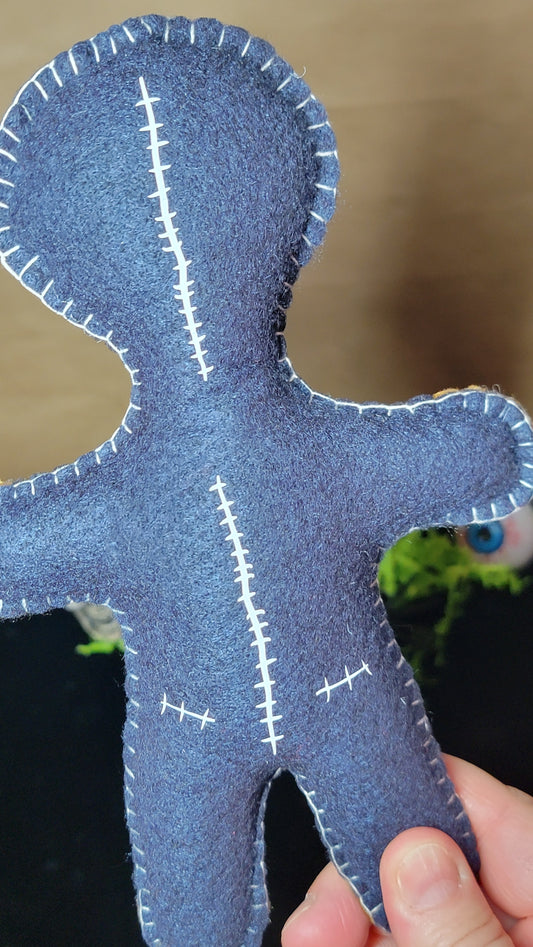 OOAK Navy Blue Button-Eyed Stitchling Handmade Felt Art Doll – Ready to Ship