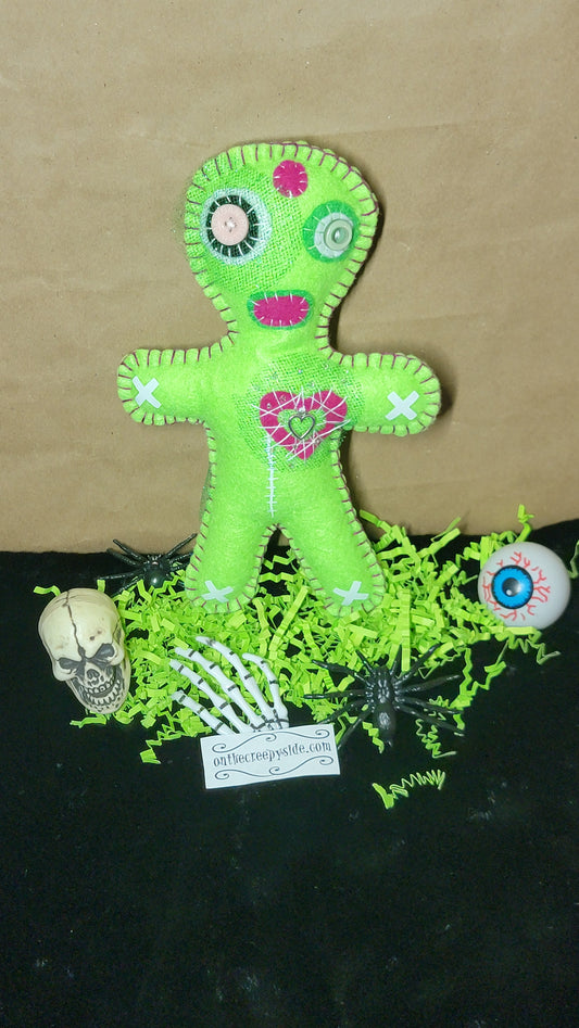 OOAK Neon Green Button-Eyed Stitchling Handmade Felt Art Doll – Ready to Ship