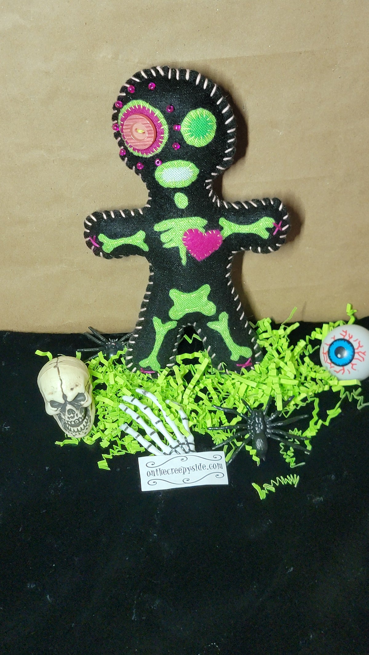 OOAK Black Button-Eyed Stitchling Handmade Felt Art Doll – Ready to Ship