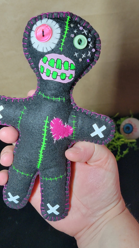 OOAK Black Zombie Button-Eyed Stitchling Handmade Felt Art Doll – Ready to Ship