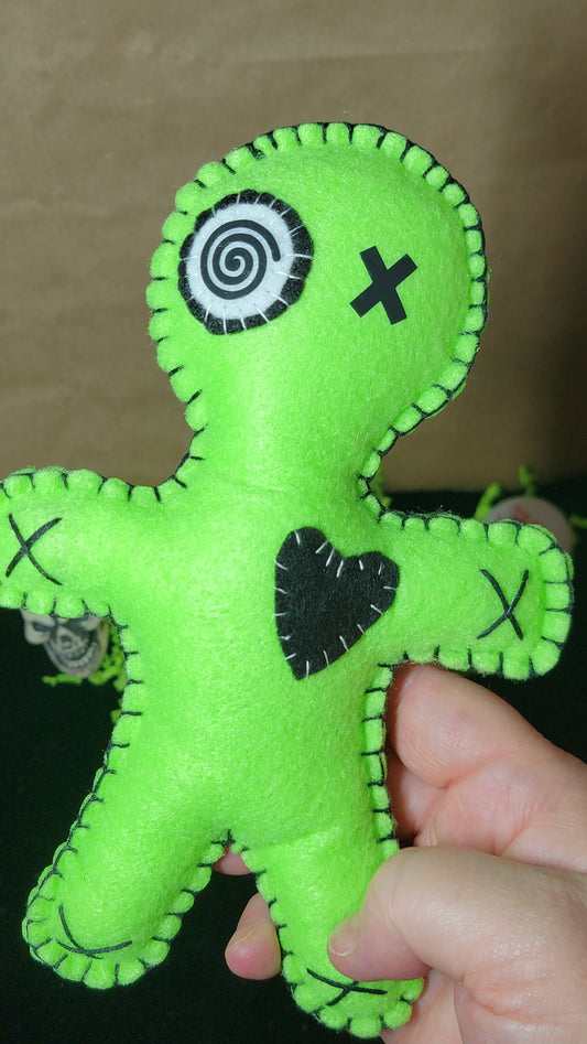 OOAK Green Button-Eyed Stitchling Handmade Felt Art Doll – Ready to Ship