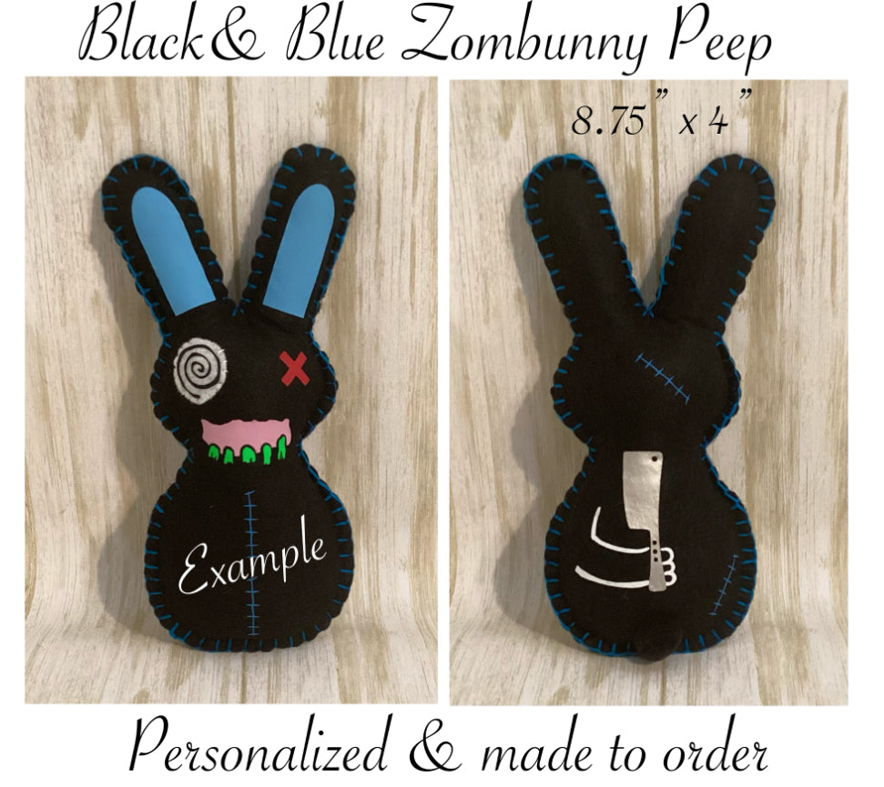 Black Zombie Bunny with Blue Stitches holding a Hatchet behind his back - Made to order