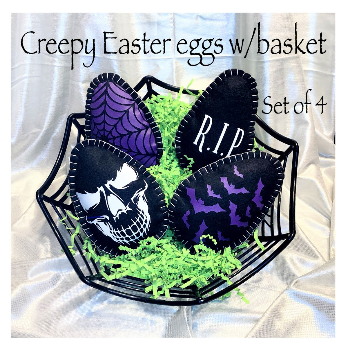 Creepy Easter Egg Set of 4 — R.I.P. & Spider Web Designs — Gothic Easter Decor