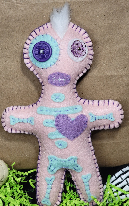OOAK Pink, purple, & mint green Button-Eyed Stitchling Handmade Felt Art Doll – Ready to Ship
