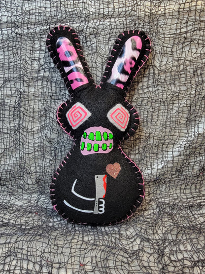 Crazy Zombie Killer Bunny Pixie - pink leopard and Black with 2 weapons - Made to order