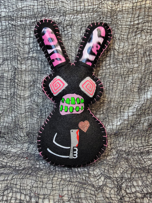 Crazy Zombie Killer Bunny Pixie - pink leopard and Black with 2 weapons - Made to order