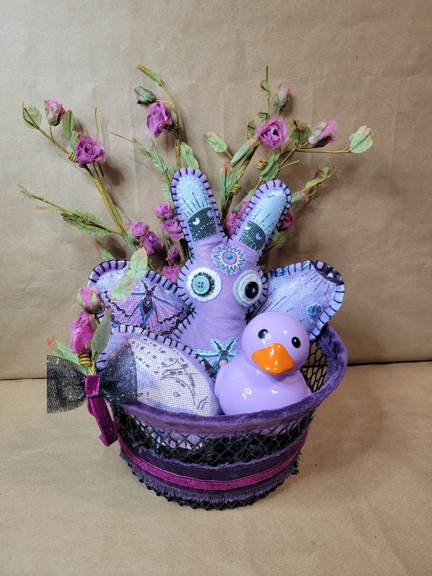 Lavendar Purple esoteric Witchy Hobo Easter Bunny In Basket with 3 felt eggs, Floral wrapped Gift Basket - One of a Kind