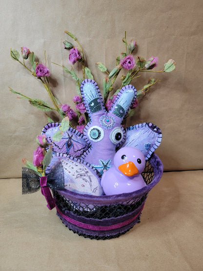 One-of-a-Kind Gothic Easter Basket with Handmade Bunny, Eggs & Candy-Filled Duck