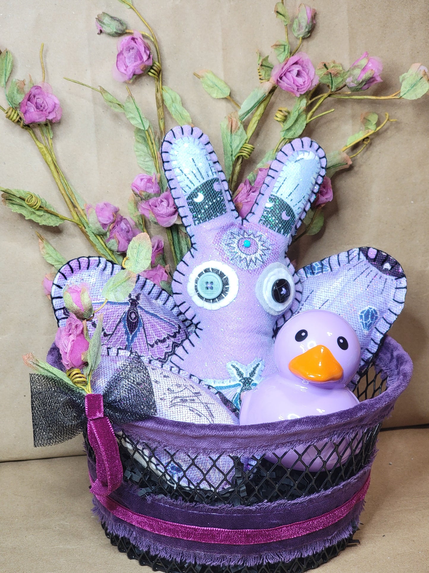 Lavendar Purple esoteric Witchy Hobo Easter Bunny In Basket with 3 felt eggs, Floral wrapped Gift Basket - One of a Kind