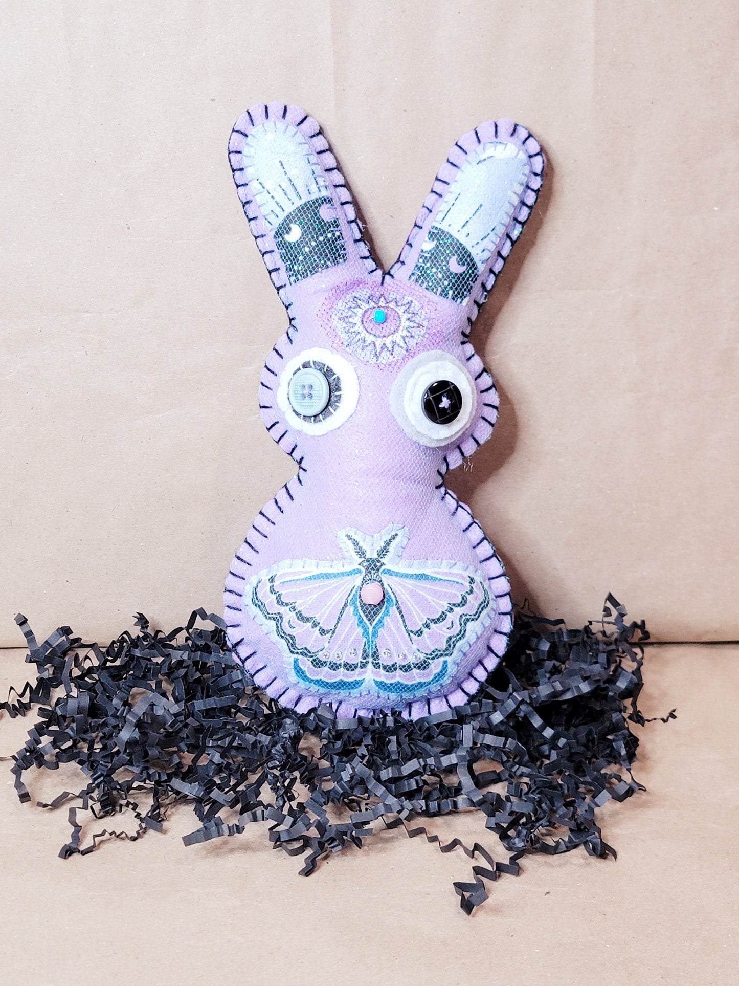 Lavendar Purple esoteric Witchy Hobo Easter Bunny In Basket with 3 felt eggs, Floral wrapped Gift Basket - One of a Kind