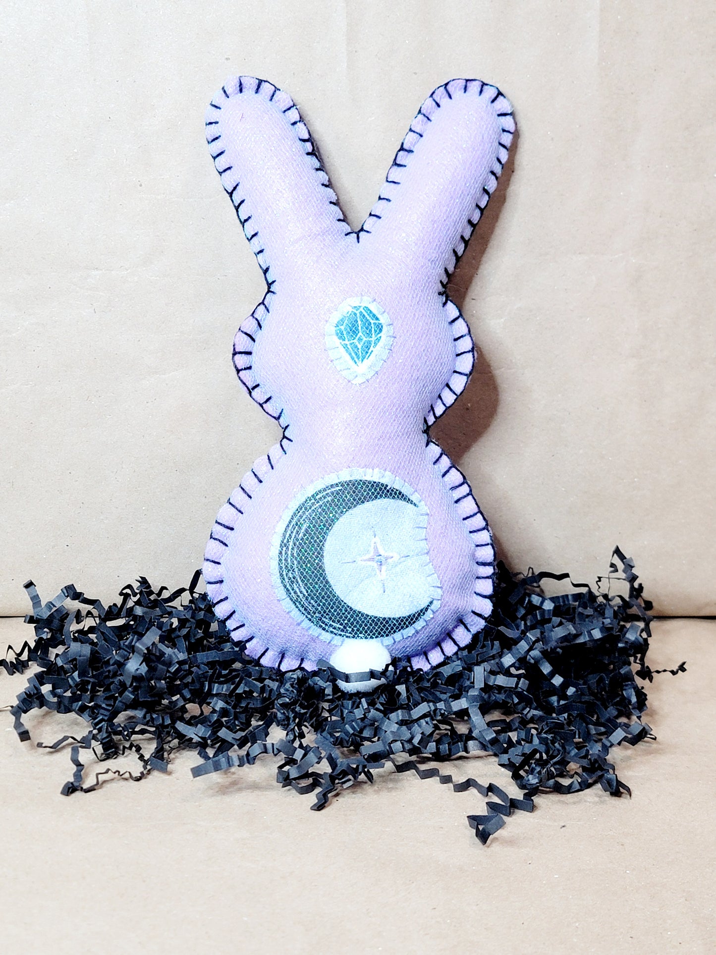 Lavendar Purple esoteric Witchy Hobo Easter Bunny In Basket with 3 felt eggs, Floral wrapped Gift Basket - One of a Kind