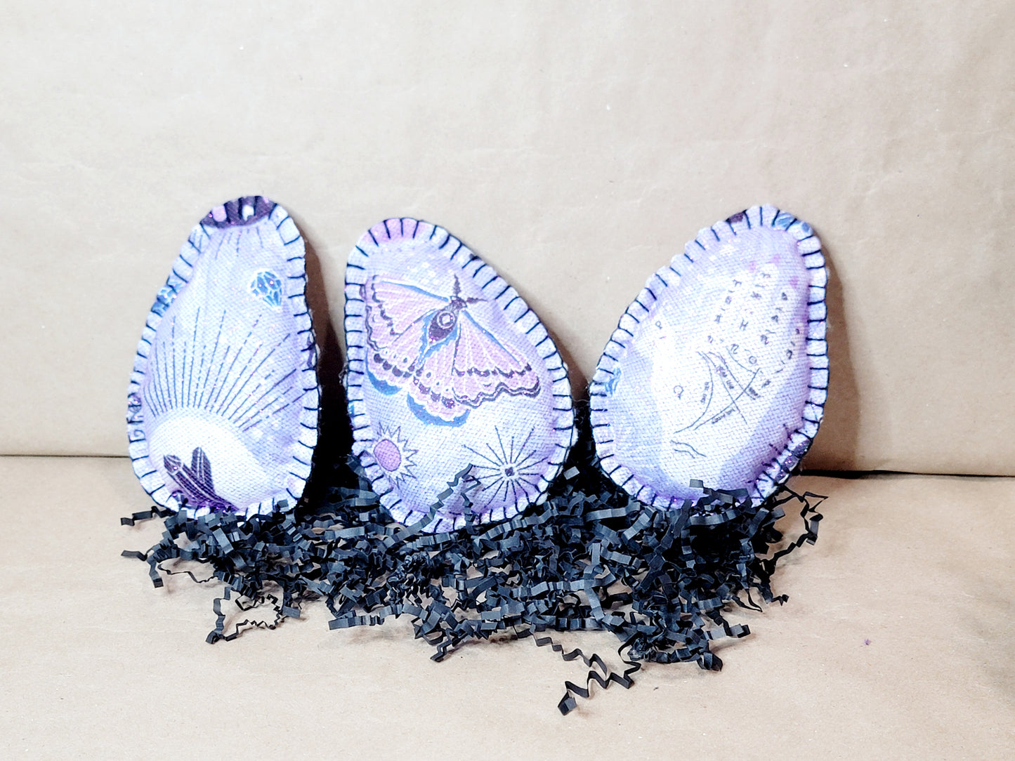 Lavendar Purple esoteric Witchy Hobo Easter Bunny In Basket with 3 felt eggs, Floral wrapped Gift Basket - One of a Kind