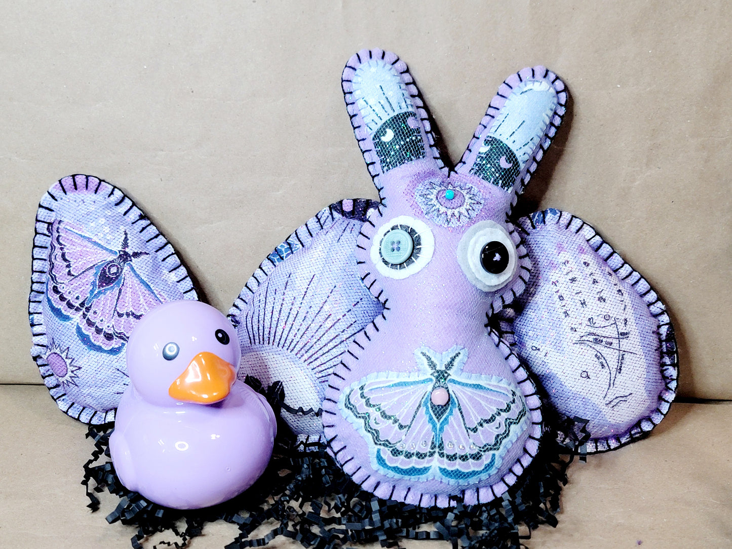 Lavendar Purple esoteric Witchy Hobo Easter Bunny In Basket with 3 felt eggs, Floral wrapped Gift Basket - One of a Kind