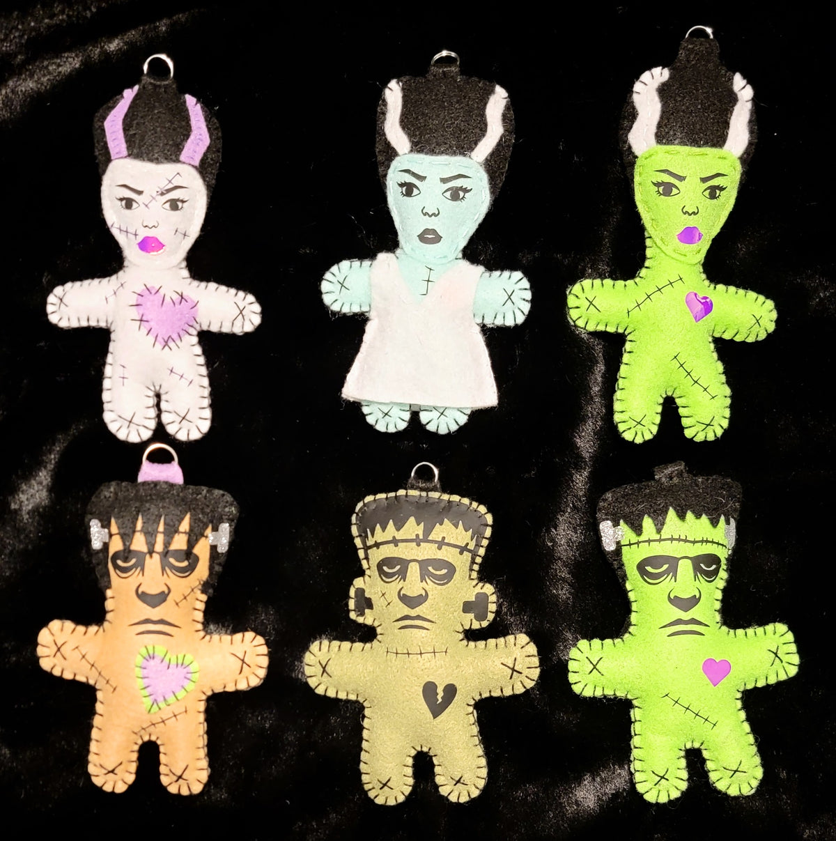 Frankenstein & Bride Doll Keychains | Handmade Felt Monster Bag Charms | OOAK - Ready to Ship