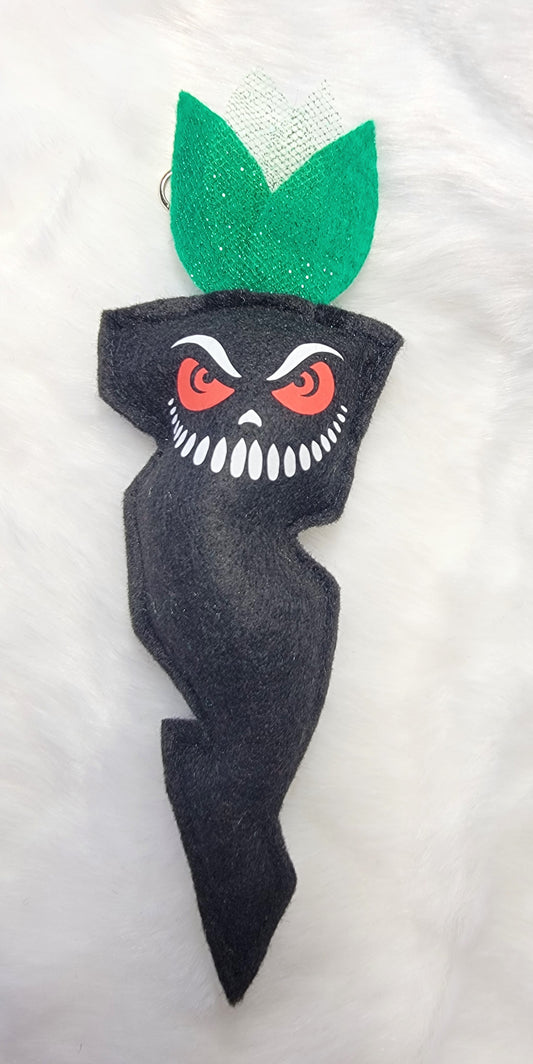 Creepy Black Carrot w/ Red eyes Plush, basket filler, or keychain, bag charm - Made to order