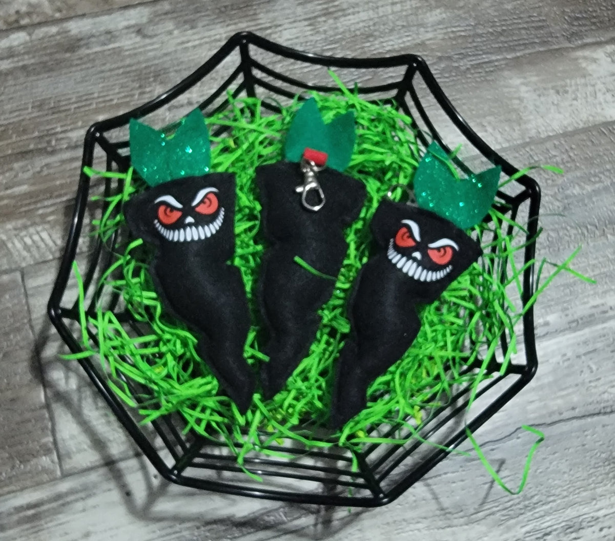 Creepy Black Carrot w/ Red eyes Plush, basket filler, or keychain, bag charm - Made to order
