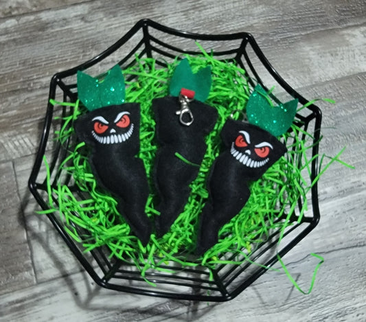 Creepy Black Carrot w/ Red eyes Plush, basket filler, or keychain, bag charm - Made to order