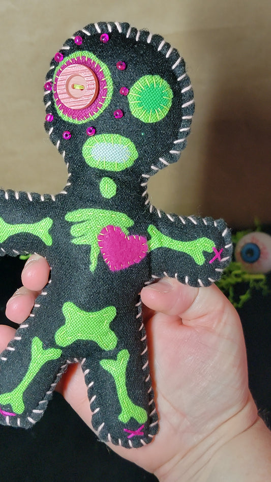 OOAK Black Button-Eyed Stitchling Handmade Felt Art Doll – Ready to Ship