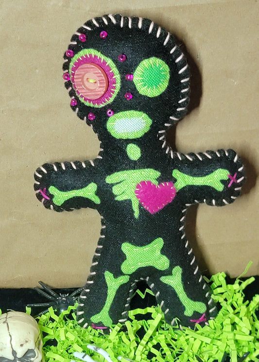 OOAK Black Button-Eyed Stitchling Handmade Felt Art Doll – Ready to Ship