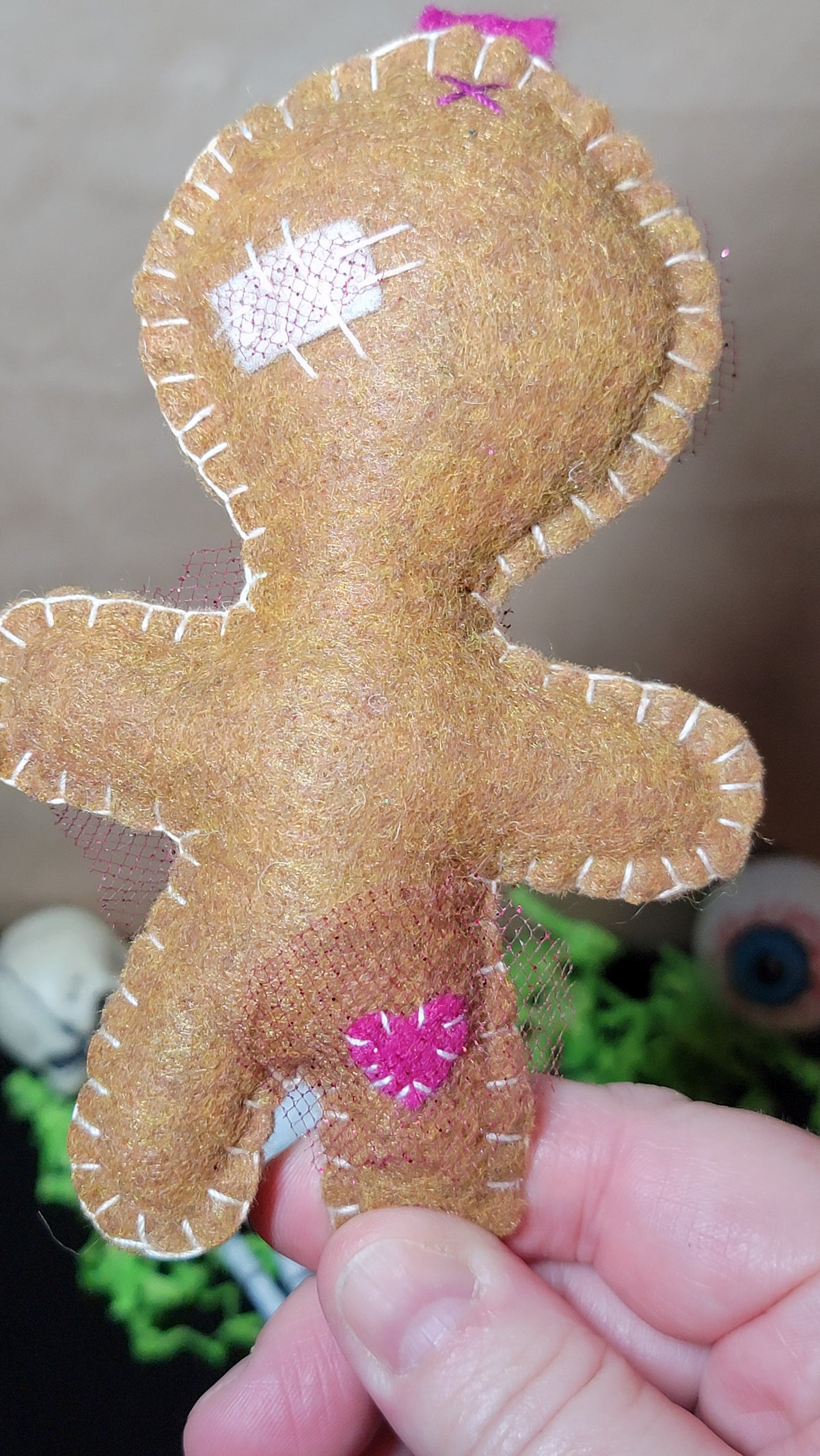 One-of-a-kind brown and pink Button-Eyed Stitchling handmade plush collectible