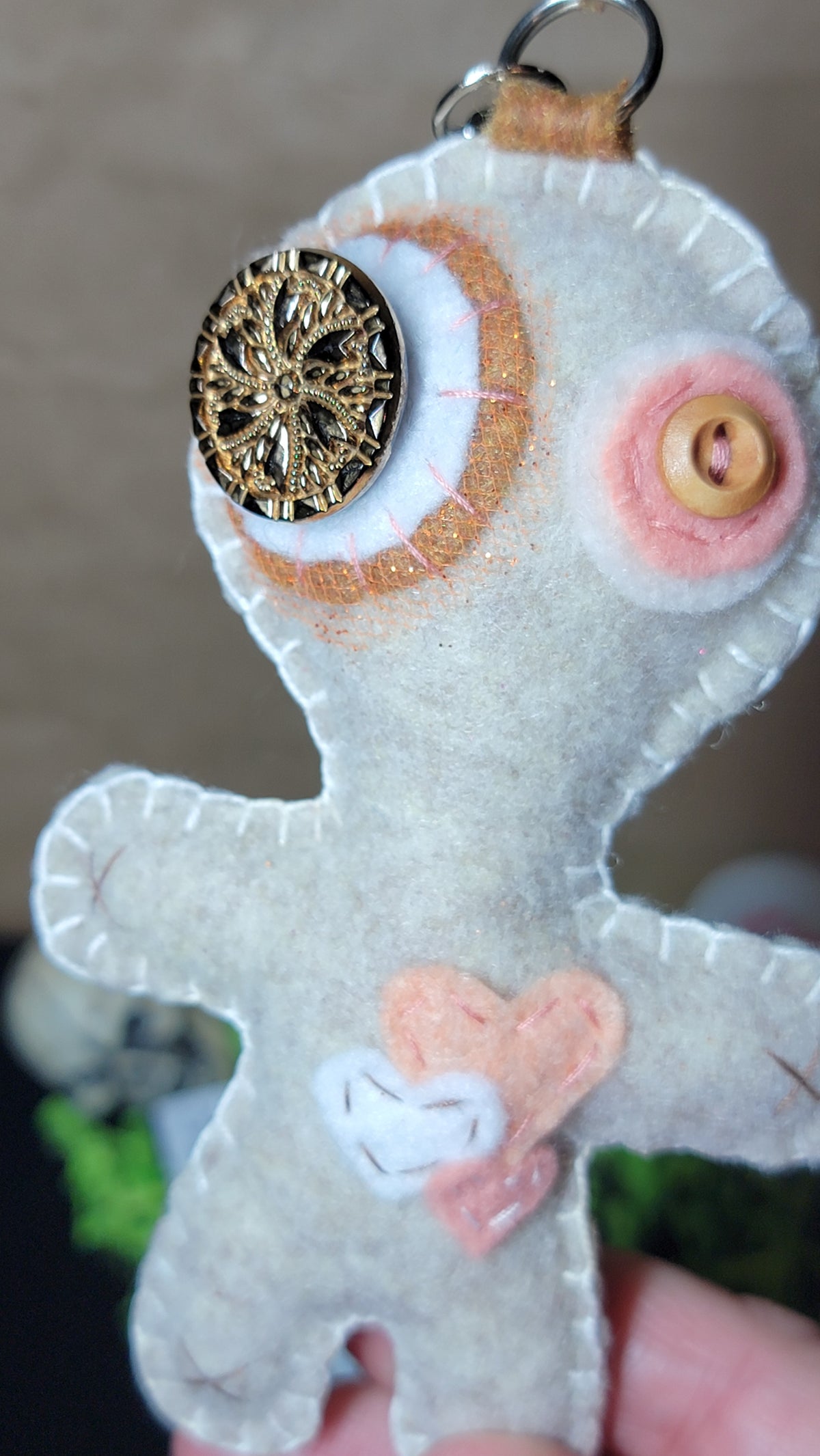 One-of-a-kind Button-Eyed Stitchling handmade felt bag charm