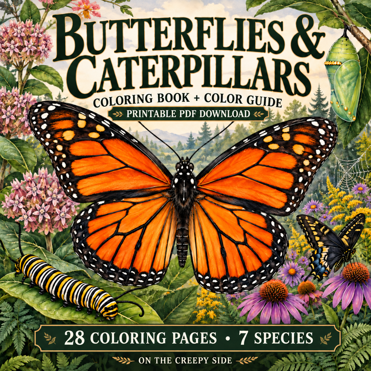 Butterflies & Caterpillars Coloring Book + Color Reference Guide | 28 Metamorphosis Coloring Pages | Printable PDF