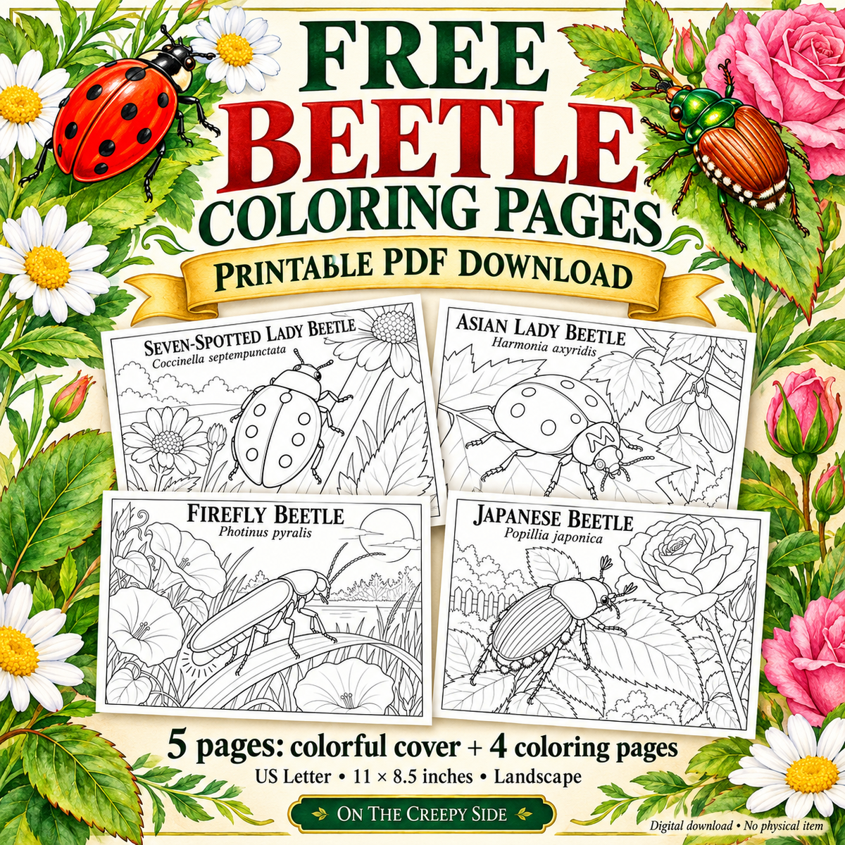 FREE Beetle Coloring Pages | 5-Page Printable PDF Download | Ladybugs, Firefly & Japanese Beetle