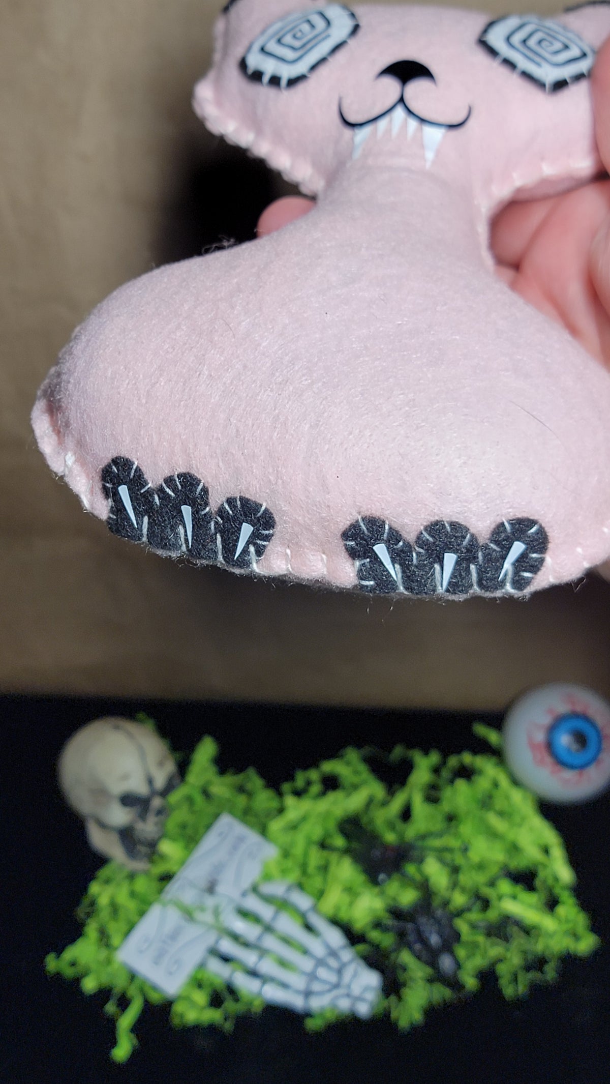 Handmade Hipno Killer Kitty plush in baby pink felt