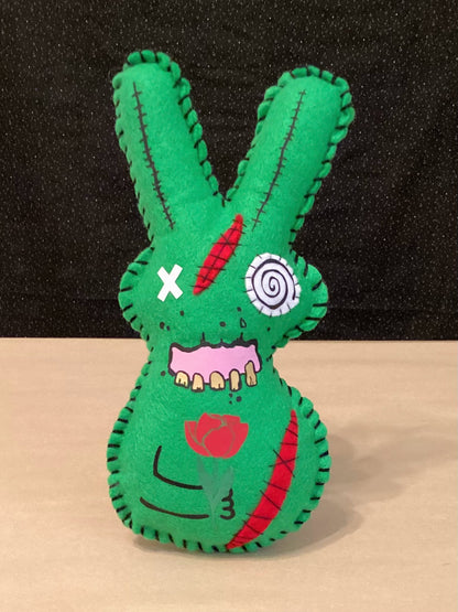 Large Green Zombie Bunny Plush holding a flower and a sledge hammer - Made to Order