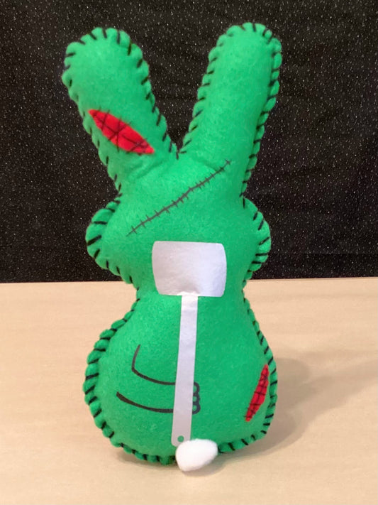 Large Green Zombie Bunny Plush holding a flower and a sledge hammer - Made to Order