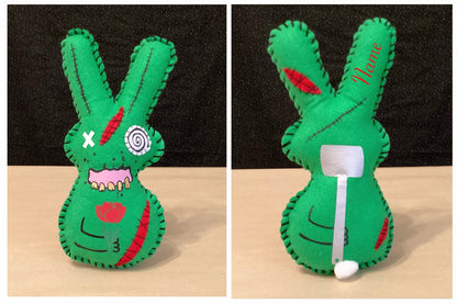 Large Green Zombie Bunny Plush holding a flower and a sledge hammer - Made to Order