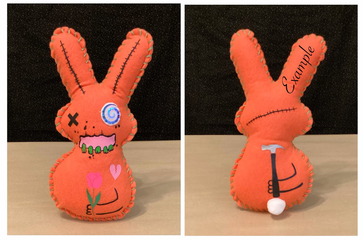 Orange Zombie Bunny with flowers holding a hammer behind his back- Made to order