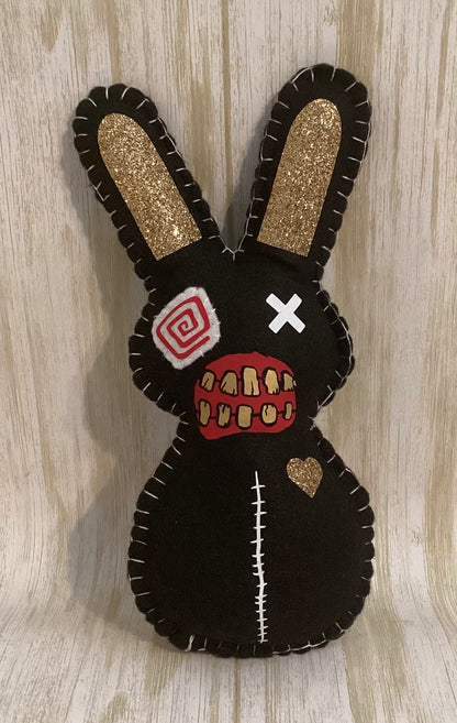 Zombie Bunny Plush - Creepy Easter Bunny Plush - Black & Gold- Made to order