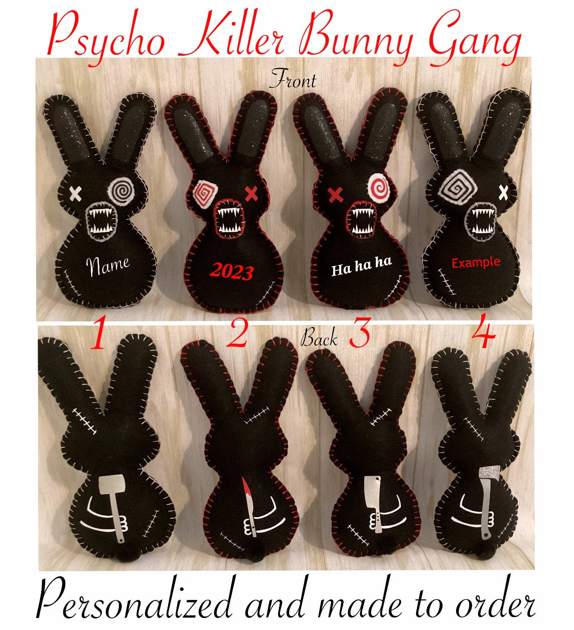 Psycho Killer Bunny Gang each holding a weaon behid there back