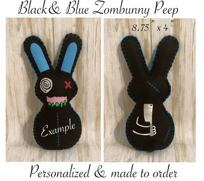 Black Zombie Bunny with Blue Stitches holding a Hatchet behind his back - Made to order