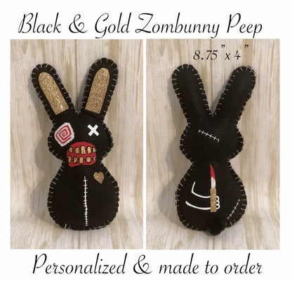 Zombie Bunny Plush - Creepy Easter Bunny Plush - Black & Gold- Made to order
