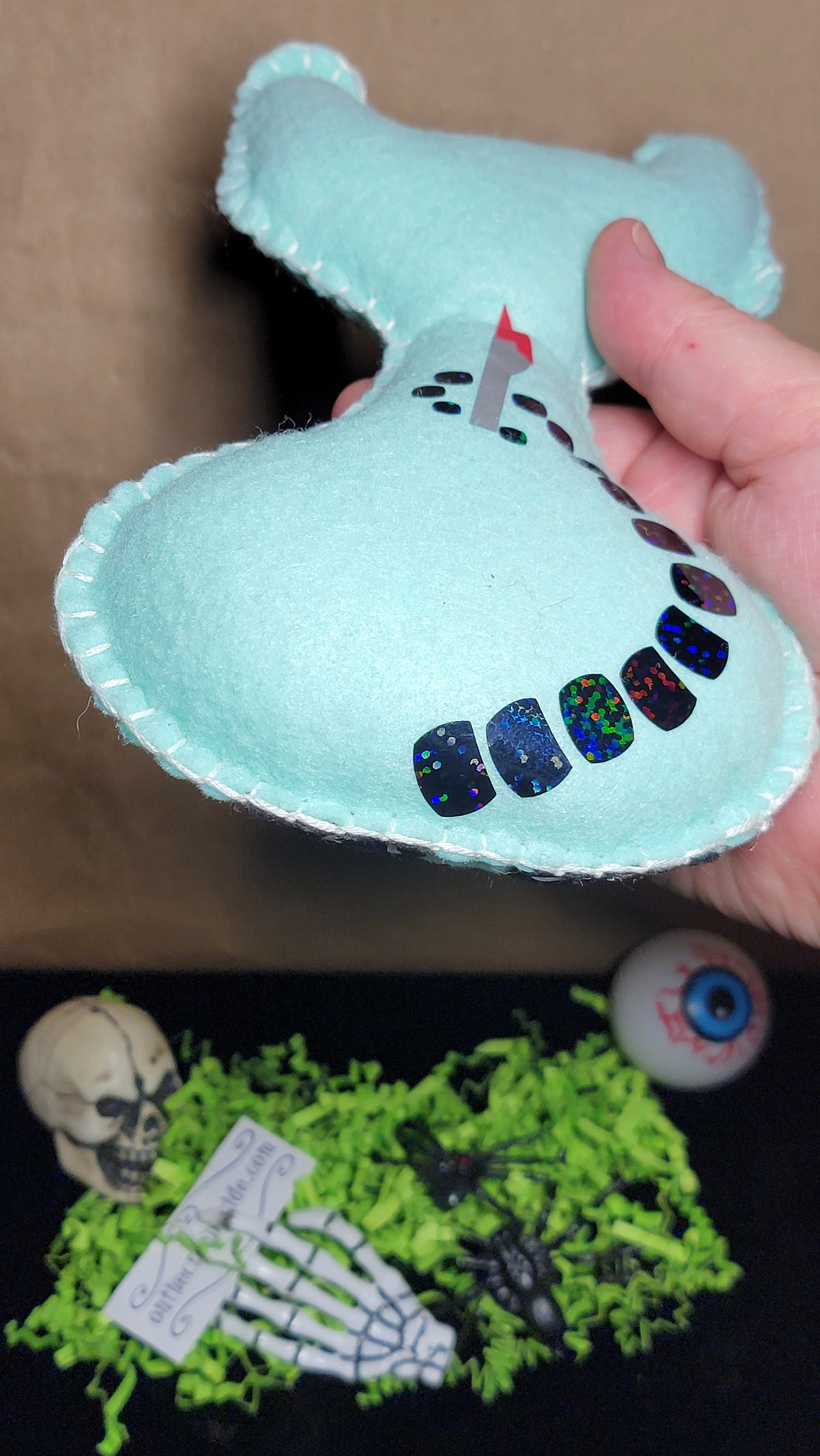 Handmade mint green creepy cat plush art doll