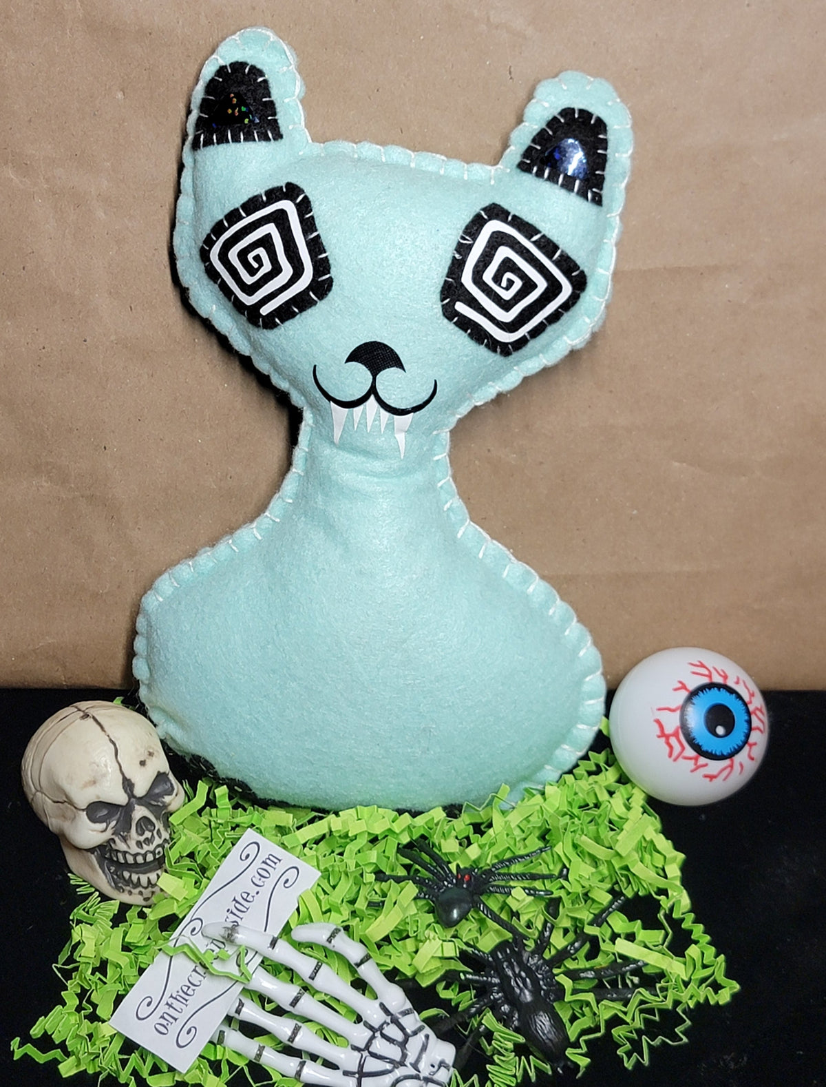 Handmade mint green Hipno Killer Kitty cat plush ready to ship