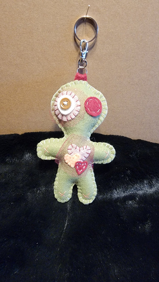 Olive green Button-Eyed Stitchling felt plush keychain with metal keyring