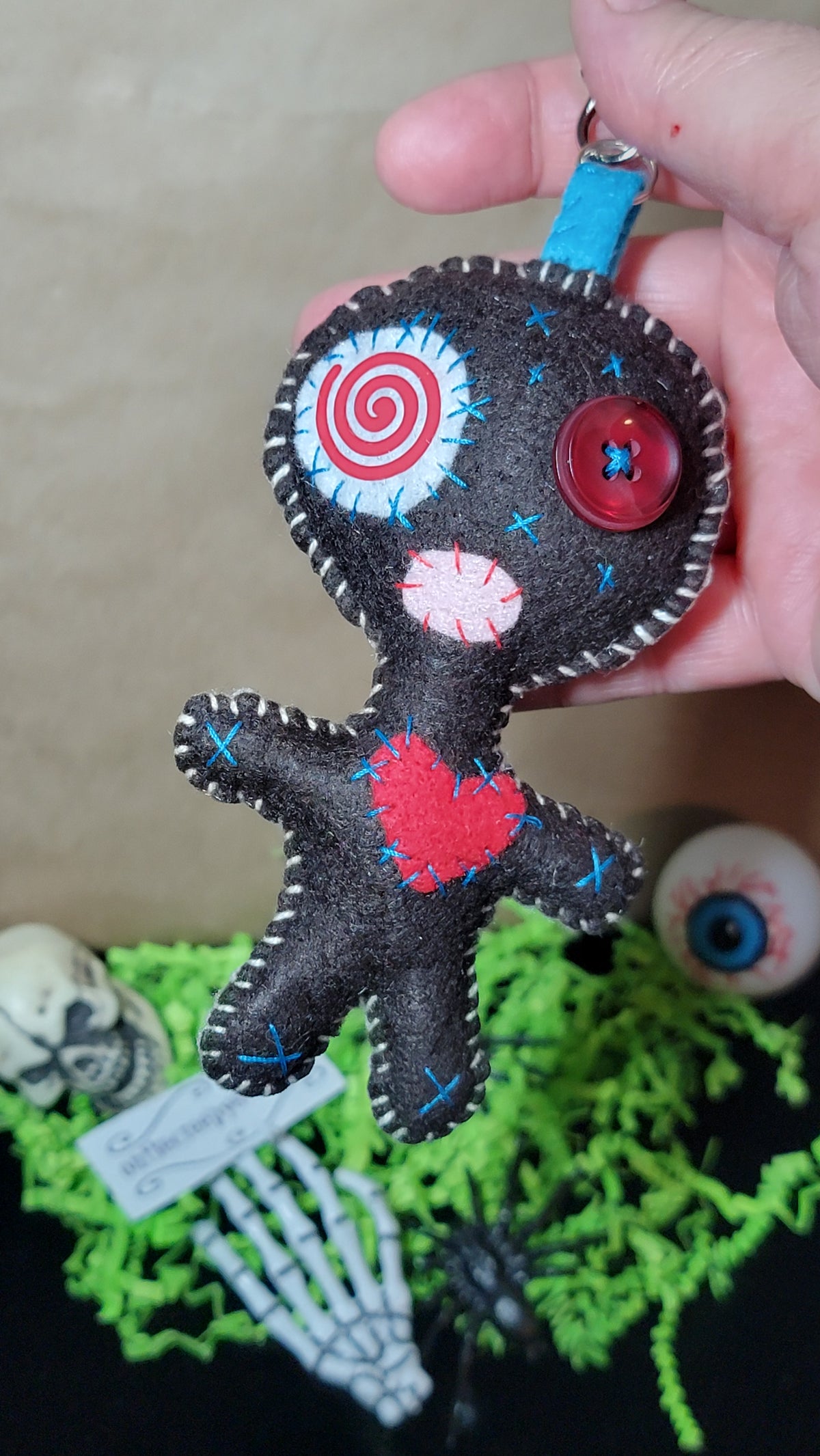 One-of-a-kind Button-Eyed Stitchling handmade felt bag charm