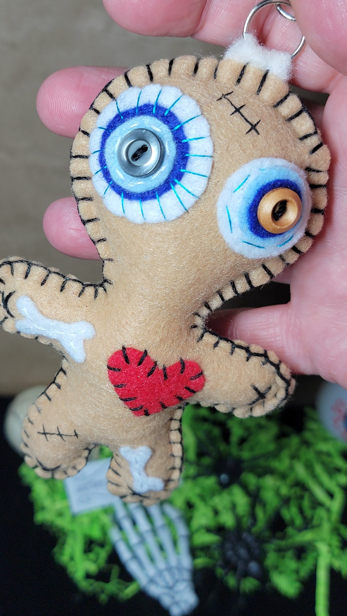 Button-Eyed Stitchling felt keychain and bag charm with red heart, ready to ship