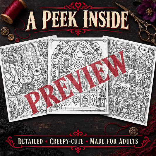 Creepy-cute sewing room coloring page
