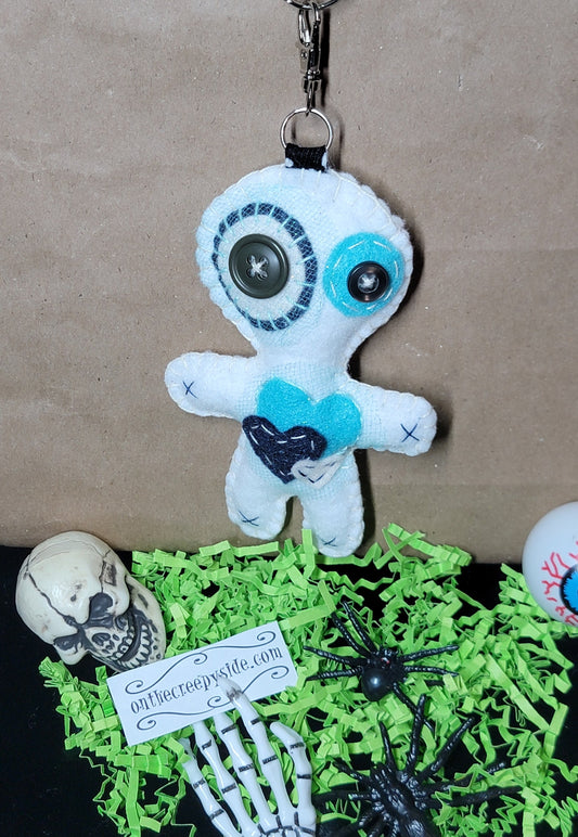 White Button-Eyed Stitchling felt plush keychain with metal keyring
