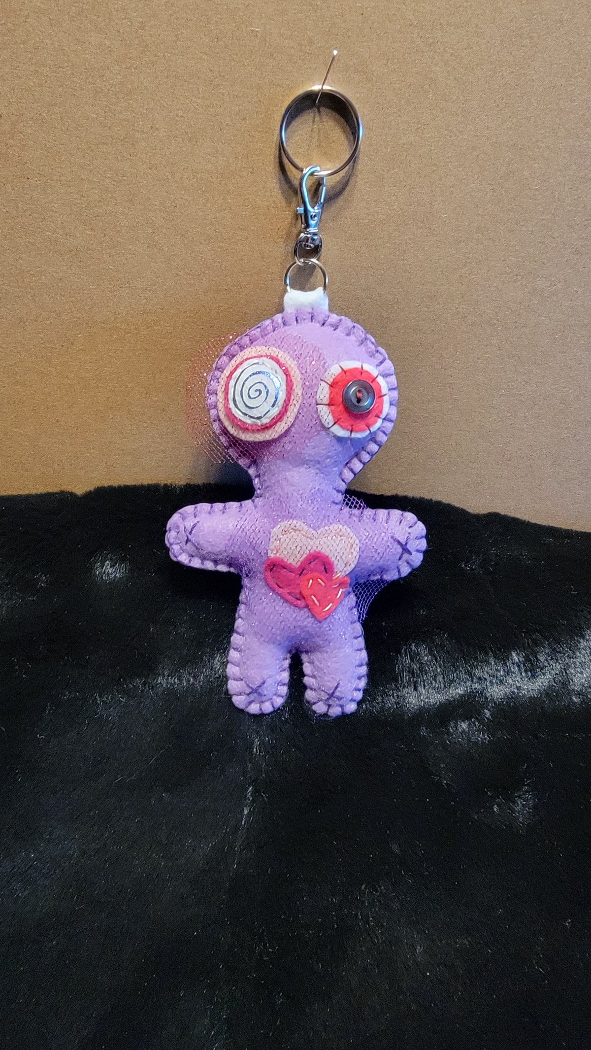 Purple Button-Eyed Stitchling handmade felt plush keychain with metal keyring