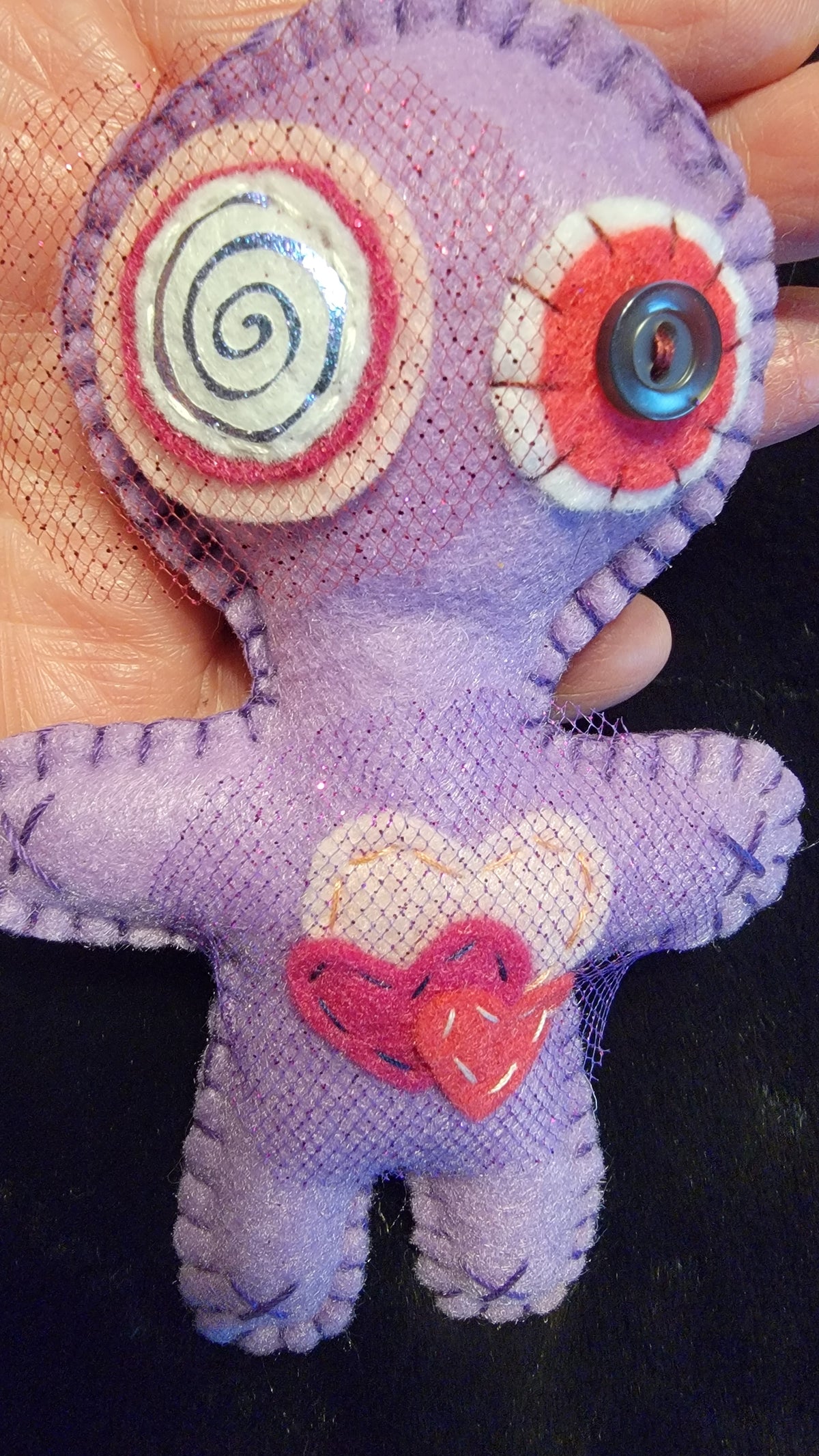 Purple Button-Eyed Stitchling keychain and bag charm ready to ship